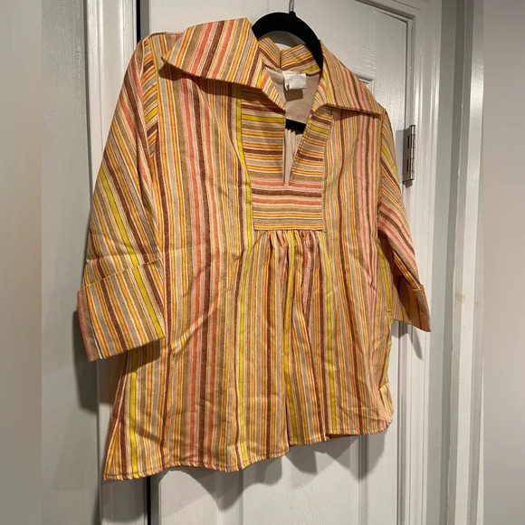 VTG 70s AJ Uppers Pointed Collar 3/4 Sleeve Yellow Striped V Neck Top Size L - Picture 3 of 10